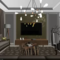 Modern Living Dining Room Interior With Wooden Table Chairs Pendant Lights And Wall Decor