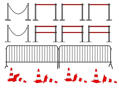 Different Types of Safety Fences Including Rope Barriers Metal Barricades and Traffic Cones 3d model