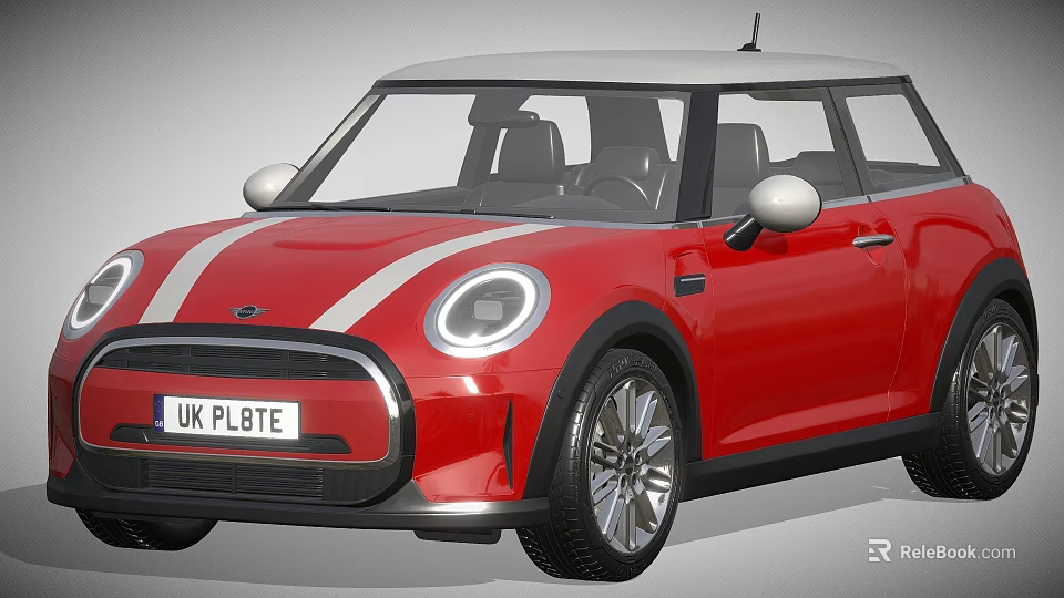 Red Mini Car With White Stripes Modern Headlights And Sleek Exterior Design 3d model 