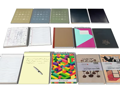 Assorted Notebooks Featuring Different Bindings Colorful Covers Patterned And Text Designs Lined And Grid Pages 3d model