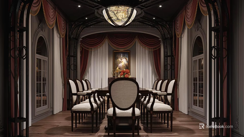 Elegant Classical Dining Room Interior With Wooden Table Chairs Red Curtains And Stained Glass Chandelier 3d model 