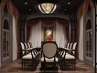 Elegant Classical Dining Room Interior With Wooden Table Chairs Red Curtains And Stained Glass Chandelier 3d model