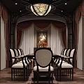 Elegant Classical Dining Room Interior With Wooden Table Chairs Red Curtains And Stained Glass Chandelier