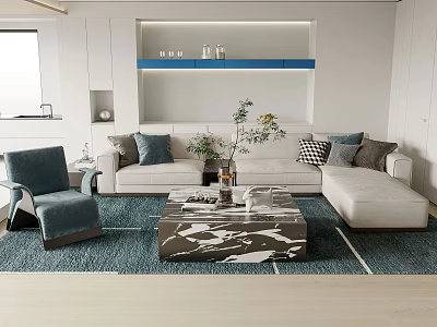 Modern Living Room Sofa and Coffee Table Set with Marble Top Decorative Cushions Blue Rug 3d model