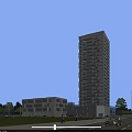 Modern Office Building With Tall And Low Rise Structures Green Lawn Road Vehicles And Pedestrians