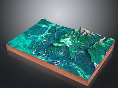 3D Topographic Model With Detailed Terrain Green Vegetation Mountain Ranges White Paths And Wooden Base 3d model