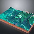3D Topographic Model With Detailed Terrain Green Vegetation Mountain Ranges White Paths And Wooden Base