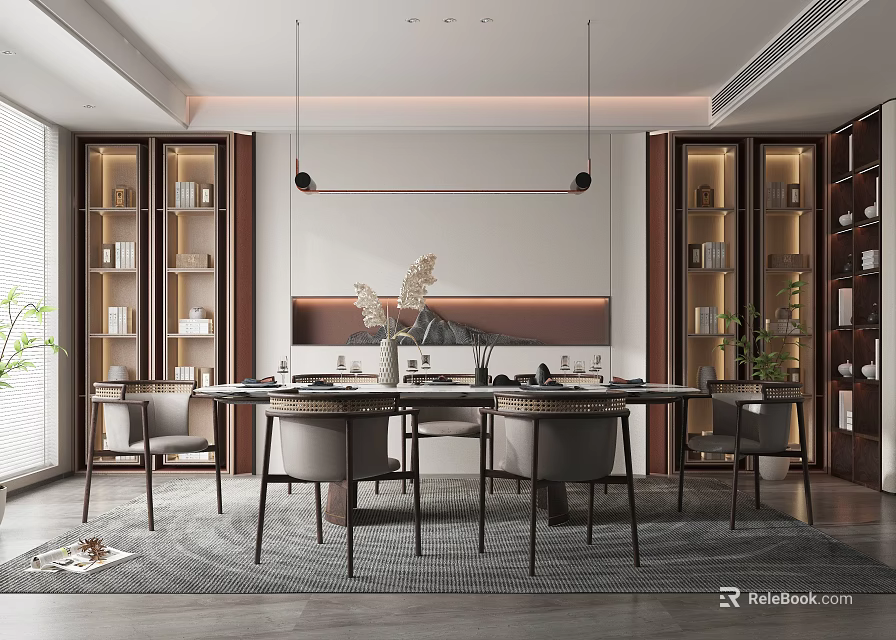 Modern Restaurant Interior With Dining Table Chairs Bookshelves Pendant Lights And Decorative Plants 3d model 