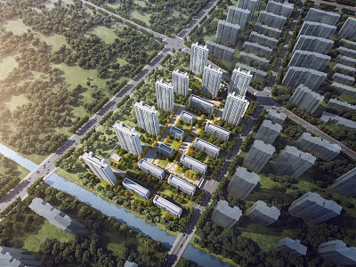 Aerial Planning of Modern Urban Residential Area with High Rise Buildings Green Spaces and River 3d model
