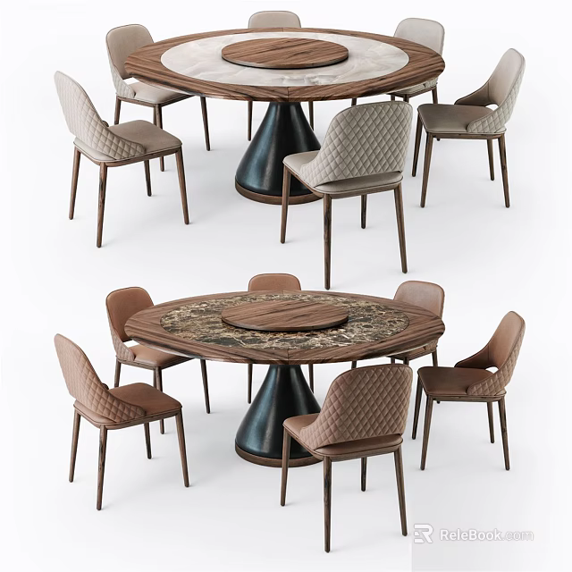 Round Dining Table Set With Marble Top And Upholstered Wooden Leg Chairs 3d model 