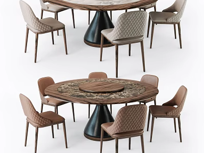 Round Dining Table Set With Marble Top And Upholstered Wooden Leg Chairs 3d model