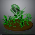 Lush Green Plant Arrangement With Round Brown Base And Tropical Leaves