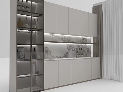 Modern Wine Cabinet With Glass Shelves LED Lighting Displayed Wine Bottles Glassware And White Cabinets 3d model