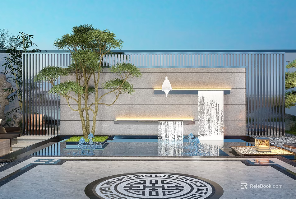 Modern Landscape Feature Wall With Waterfall Tree Lighting And Circular Pattern 3d model 