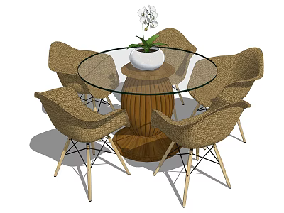 Round Glass Top Dining Table Set With Wooden Base And Six Rattan Chairs White Orchid 3d model