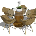 Round Glass Top Dining Table Set With Wooden Base And Six Rattan Chairs White Orchid