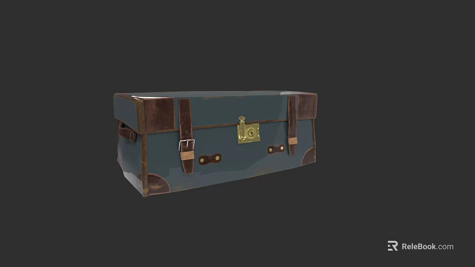 Vintage Navy Blue Trunk with Brown Leather Straps and Golden Lock Classic Retro Storage Design 3d model 