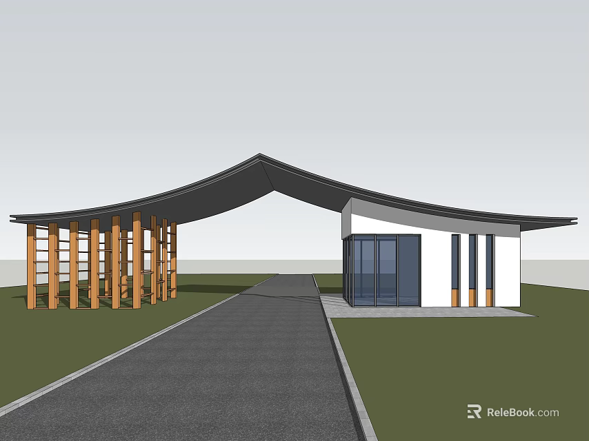 Modern Entrance Gate with Curved Roof Wooden Pillars Glass Doors White Walls and Pathway 3d model 