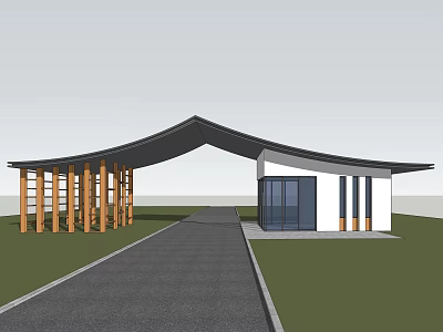 Modern Entrance Gate with Curved Roof Wooden Pillars Glass Doors White Walls and Pathway 3d model