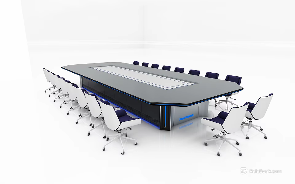 Modern Rectangular Conference Table with White Chairs and Blue Trim in Sleek Meeting Room 3d model 