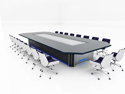 Modern Rectangular Conference Table with White Chairs and Blue Trim in Sleek Meeting Room 3d model