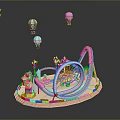 Colorful Amusement Park Scene With Carousel Ferris Wheel And Hot Air Balloons