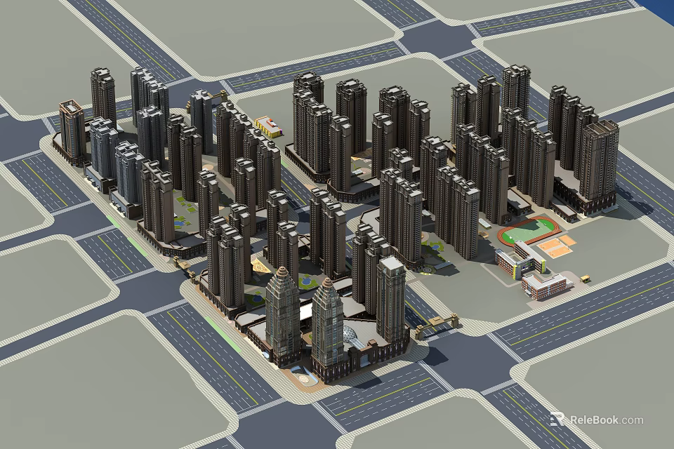 Comprehensive Aerial Planning for Urban Area with High Rise Buildings Road Layout and Green Spaces 3d model 