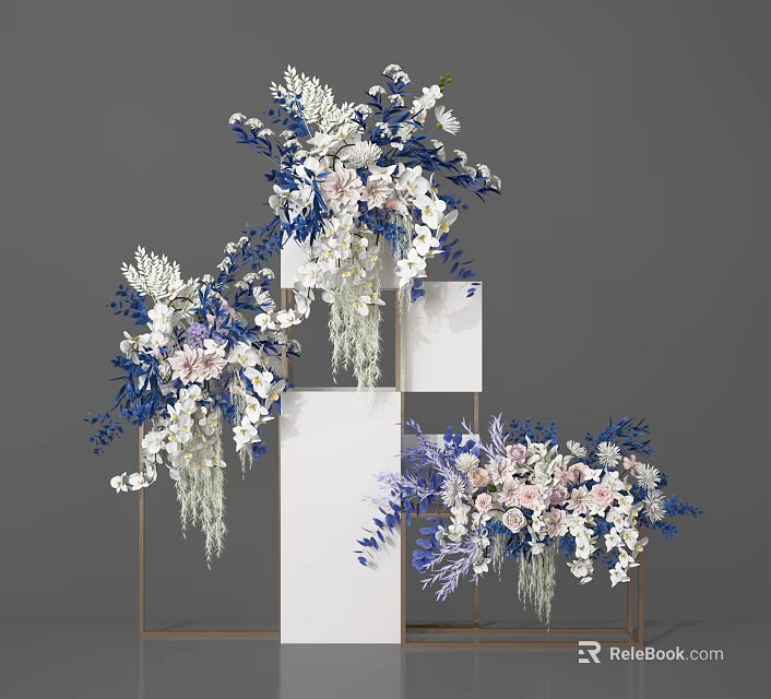 Elegant Blue White Pink Floral Arrangement With White Cube Structures And Metal Frames 3d model 