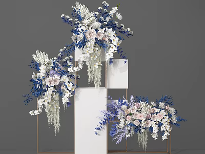 Elegant Blue White Pink Floral Arrangement With White Cube Structures And Metal Frames 3d model