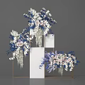 Elegant Blue White Pink Floral Arrangement With White Cube Structures And Metal Frames 3d model