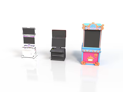 Three Different Miniature Arcade Game Machines With Vintage Style And Colorful Designs 3d model