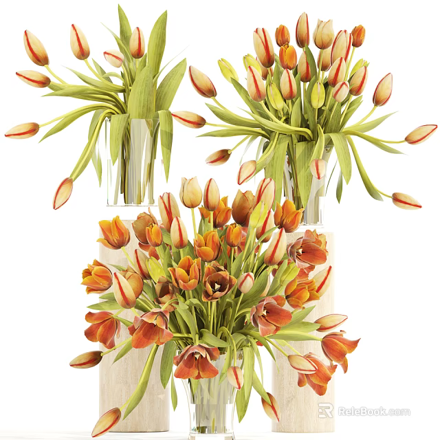 Vibrant Orange Red Tulips Arranged in Glass Vase for Home Decor 3d model 