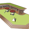 Wooden Pergola With Slatted Sides In Outdoor Area Featuring Lawn Tables Chairs Umbrella And People