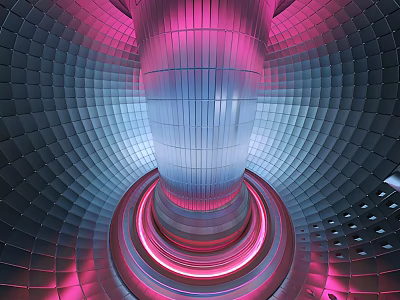 Industrial Equipment With Cylindrical Structure Grid like Walls Pink Blue Lighting And Circular Red Glow 3d model