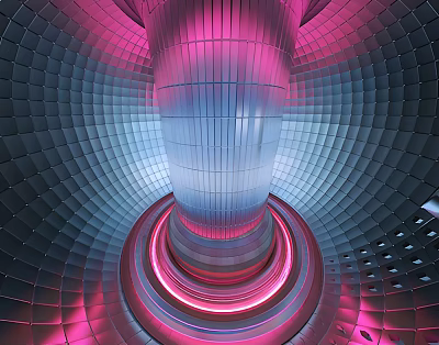 Industrial Equipment With Cylindrical Structure Grid like Walls Pink Blue Lighting And Circular Red Glow 3d model