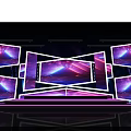 Commercial Equipment Stage Setup With Multiple Displays And Purple Blue Lighting