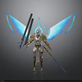 Golden Armored Character With Blue Glowing Wings Holding Long Sword And Spear