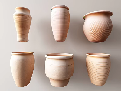 Ceramic Vessels Featuring Textured Surfaces And Various Shapes In Natural Tones For Decor 3d model