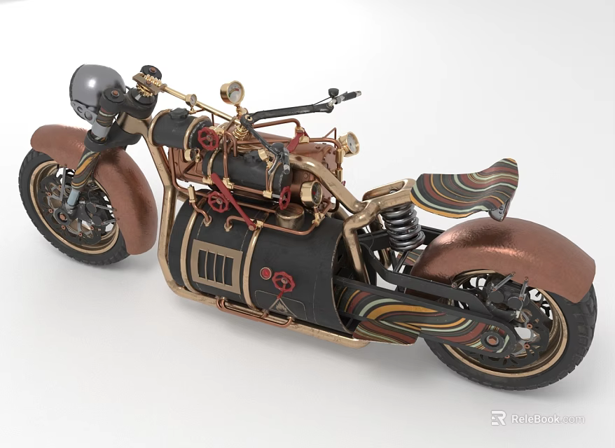 Vintage Copper And Black Motorcycle With Striped Seat Mechanical Details And Gold Accents Design 3d model 