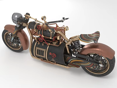 Vintage Copper And Black Motorcycle With Striped Seat Mechanical Details And Gold Accents Design 3d model