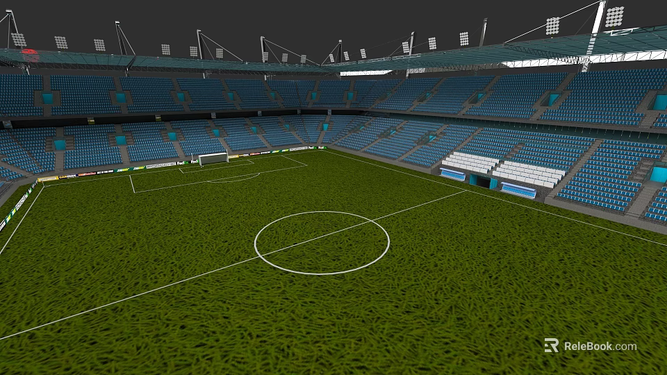 Football Stadium With Green Grass Field White Lines And Blue Seats 3d model 