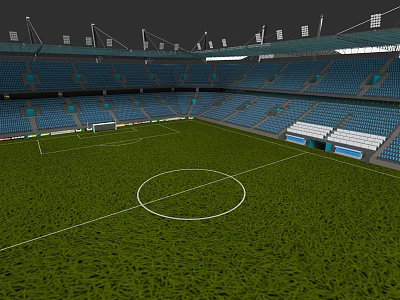 Football Stadium With Green Grass Field White Lines And Blue Seats 3d model