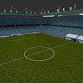 Football Stadium With Green Grass Field White Lines And Blue Seats