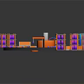 Vibrant Cartoon Factory Scene with Colorful Containers Orange Machinery and Purple Shelves
