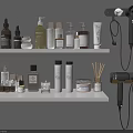 Organized Daily Living Products On White Shelves With Reed Diffuser Hair Dryer And Gray Wall