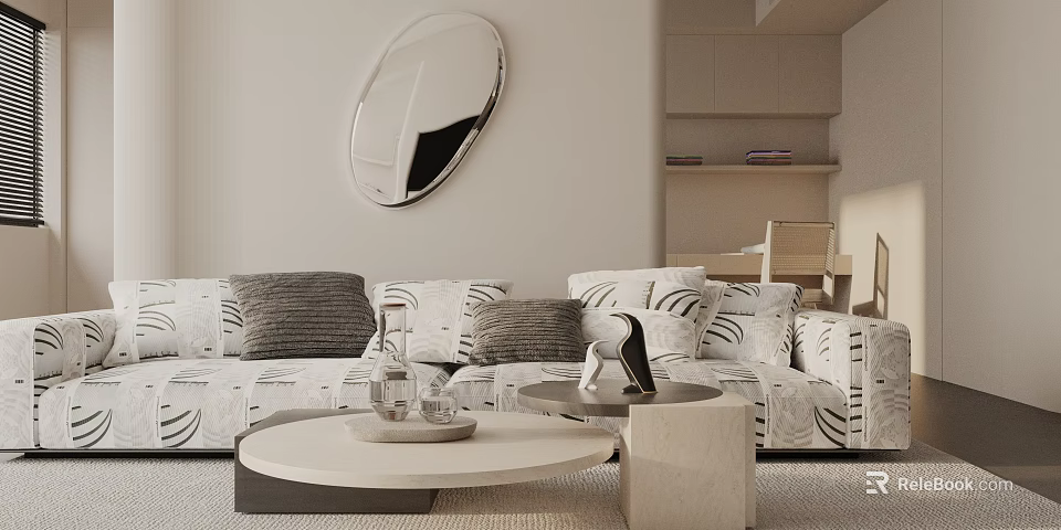 Zebra Print Sectional Sofa With Throw Pillows Round Wall Mirror And Marble Coffee Table 3d model