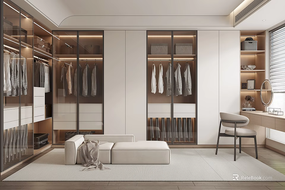 Modern Walk in Closet Interior Design With Glass Door Wardrobes Bench And Vanity 3d model 
