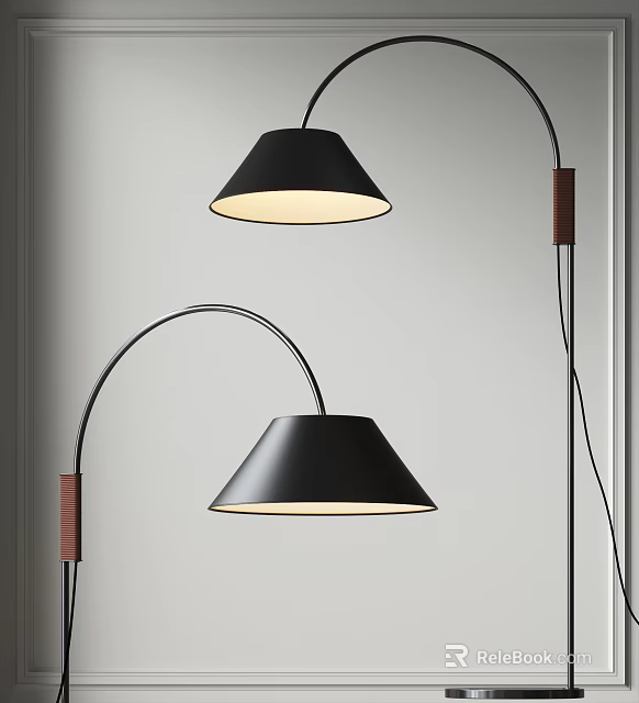 Black Conical Shade Floor Lamps With Curved Arm And Wooden Accents For Modern Home 3d model 