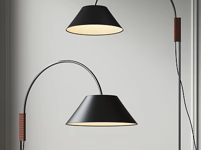 Black Conical Shade Floor Lamps With Curved Arm And Wooden Accents For Modern Home 3d model