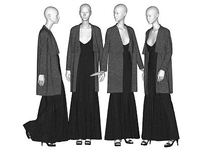 Fashion Models Wearing Long Dark Coats And Maxi Dresses In Various Standing Poses 3d model